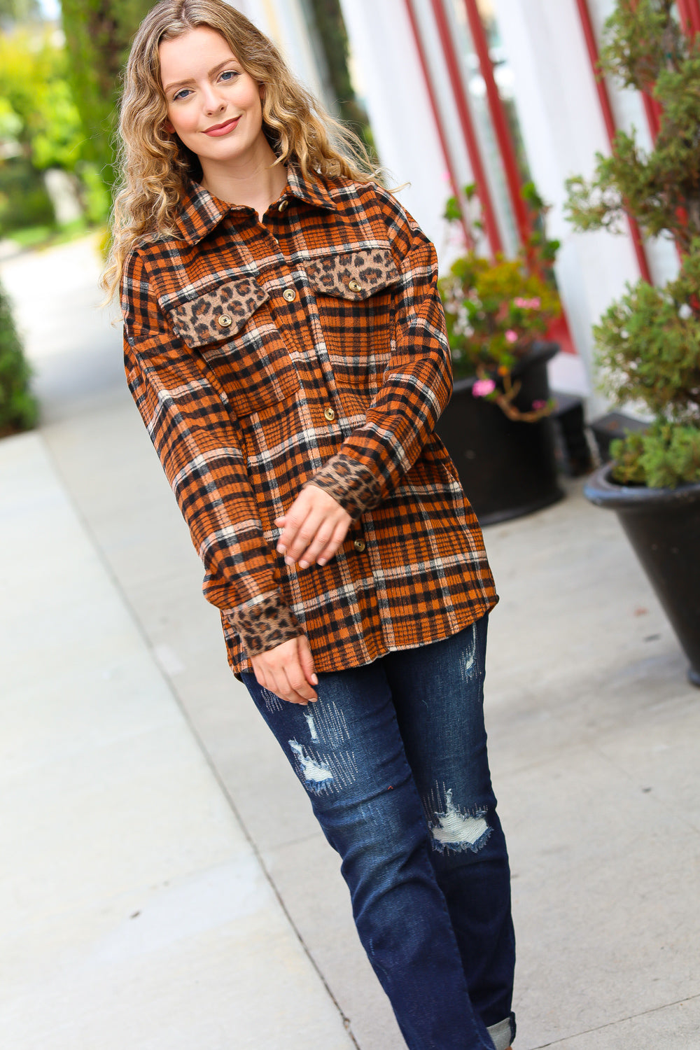 Feeling Bold Rust Plaid & Animal Print Button Down Jacket