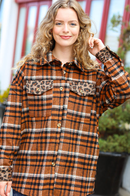 Feeling Bold Rust Plaid & Animal Print Button Down Jacket