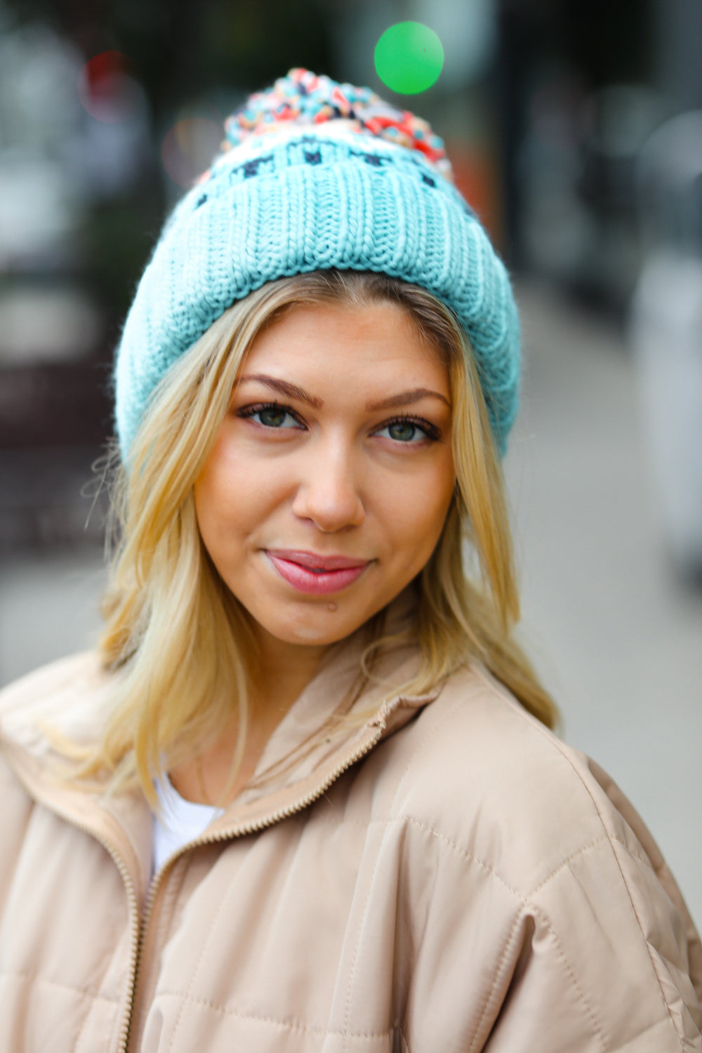 Teal Multicolor Cable Knit Pom-Pom Beanie