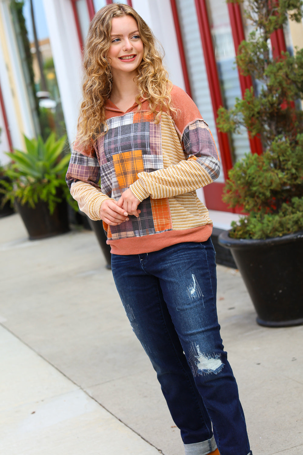 What I Like Rust/Charcoal Two Tone Knit Plaid V Neck Top