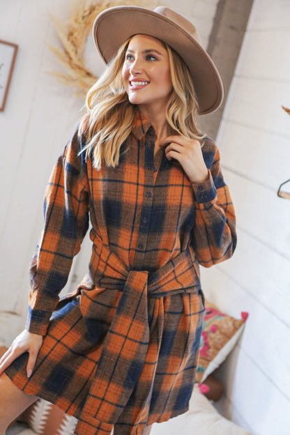 Navy & Rust Plaid Flannel Button Down Waist Tie Dress