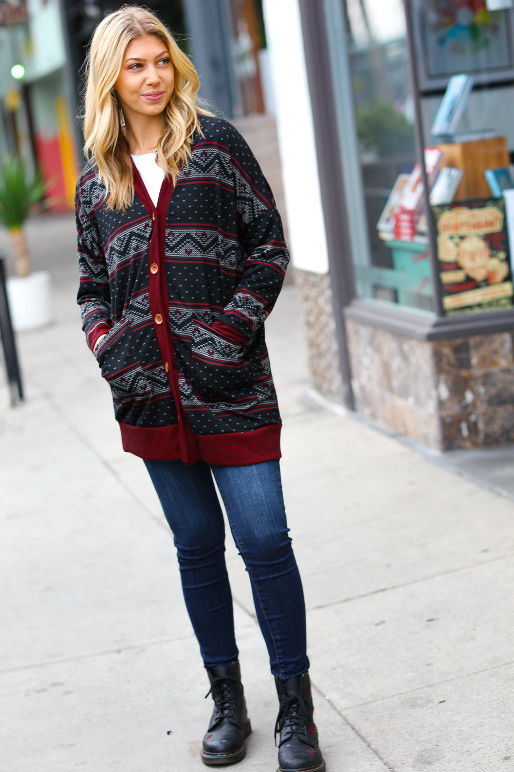 All Class Burgundy Holiday Print Button Cardigan