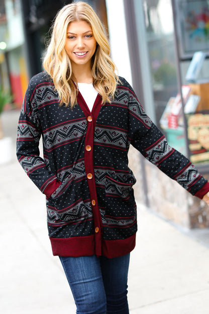 All Class Burgundy Holiday Print Button Cardigan