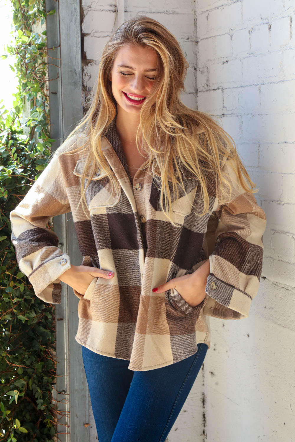 Brown & Black Plaid Jacket with Side Pockets