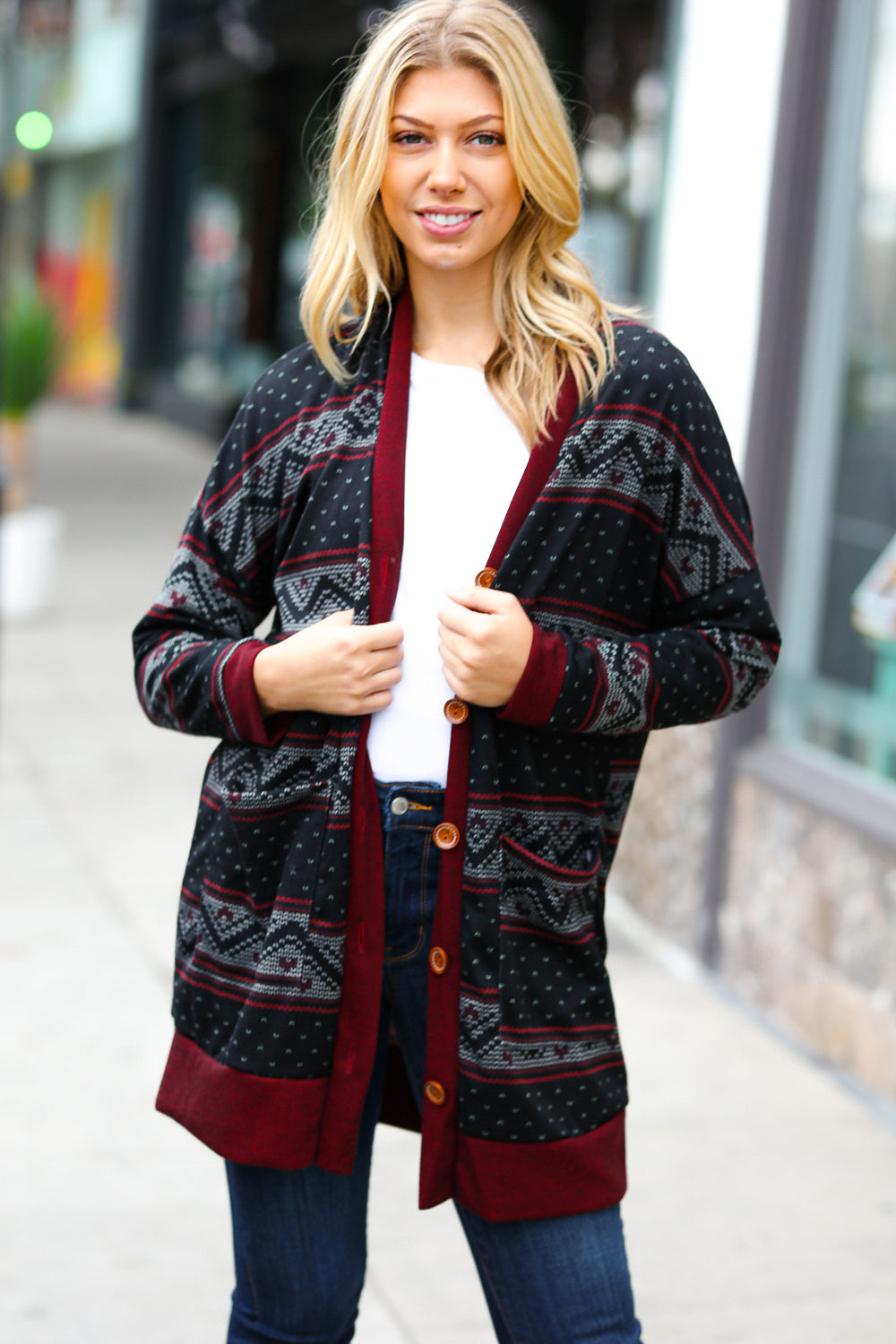 All Class Burgundy Holiday Print Button Cardigan