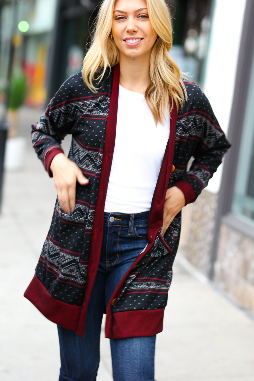 All Class Burgundy Holiday Print Button Cardigan