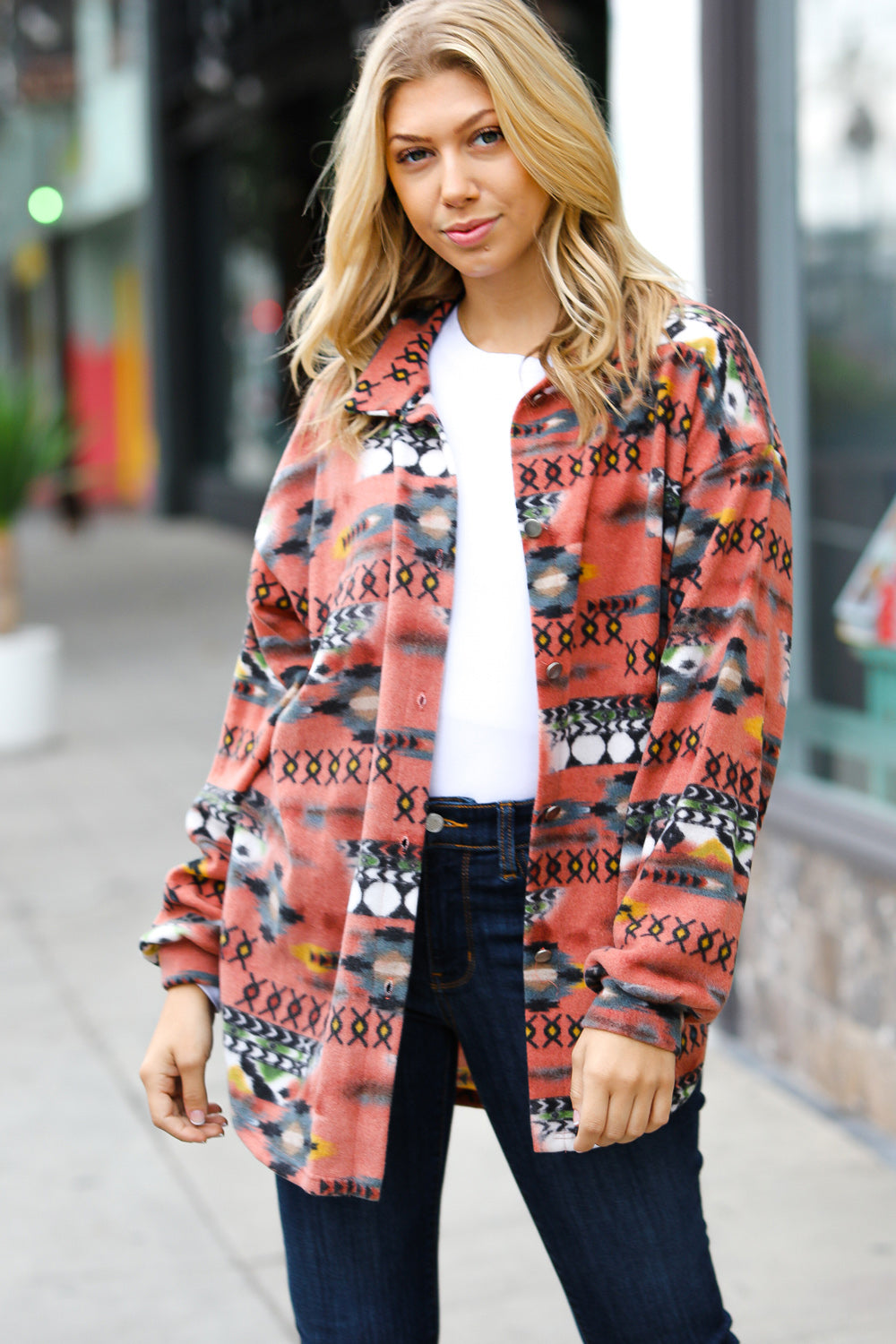 Trendy Rust Aztec Print Button Down Brushed Shacket