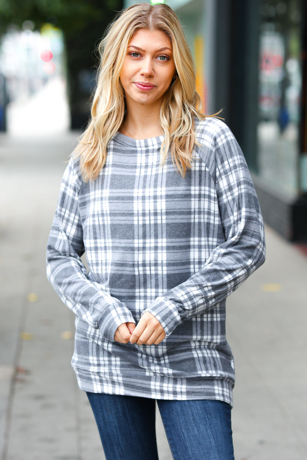 Cozy Grey Plaid Double Brushed Hacci Pullover