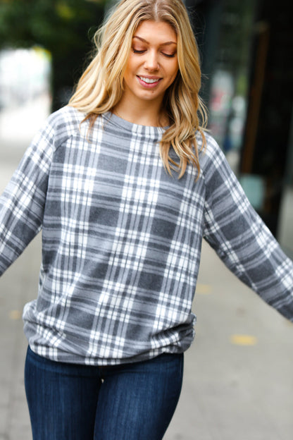 Cozy Grey Plaid Double Brushed Hacci Pullover