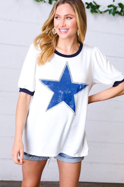 Off White Distressed Star Terry Puff Short Sleeve Top