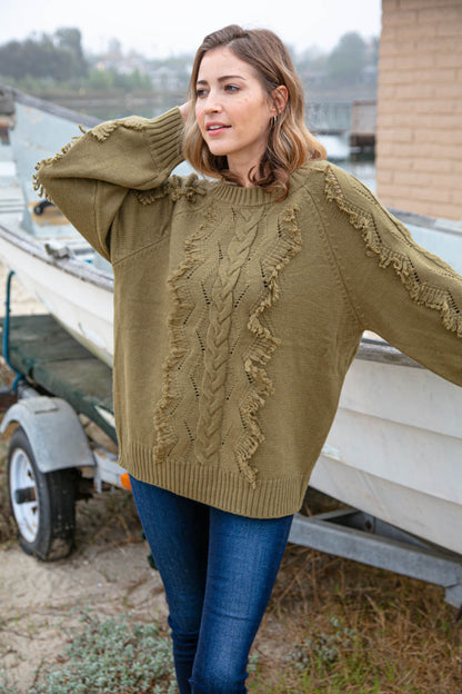 Olive Cable and Fringe Tassel Braided Sweater