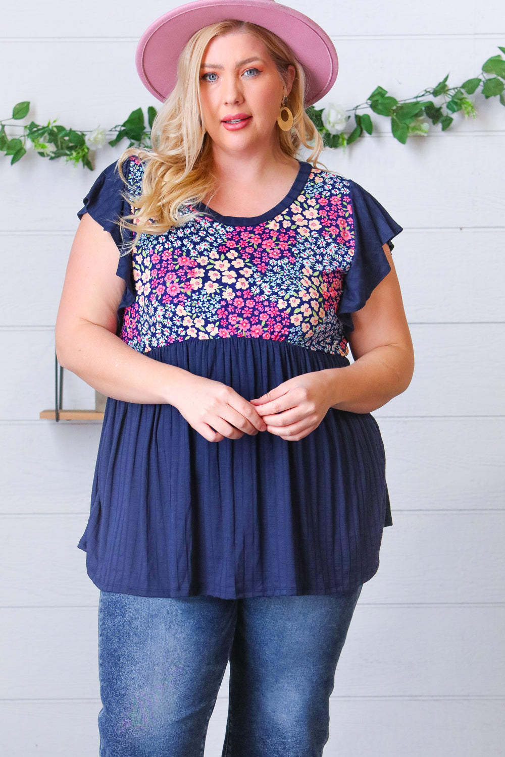 Navy Floral Yoke Babydoll Rib Flutter Sleeve Top