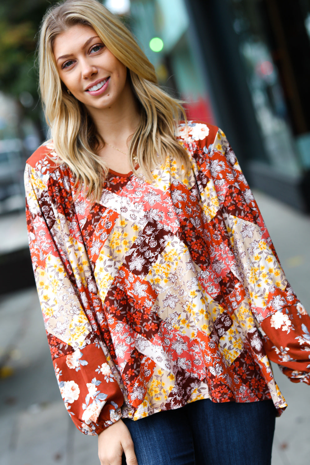 Rust Harvest Floral Patchwork V Neck Blouse