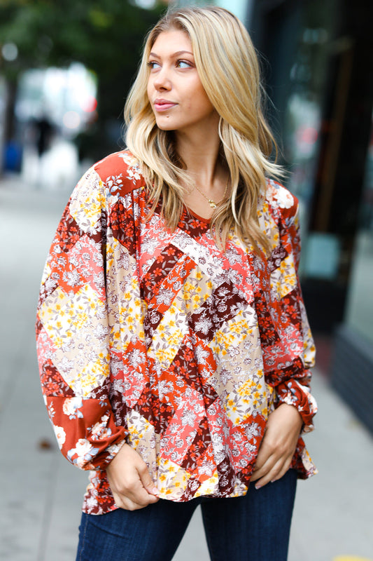 Rust Harvest Floral Patchwork V Neck Blouse