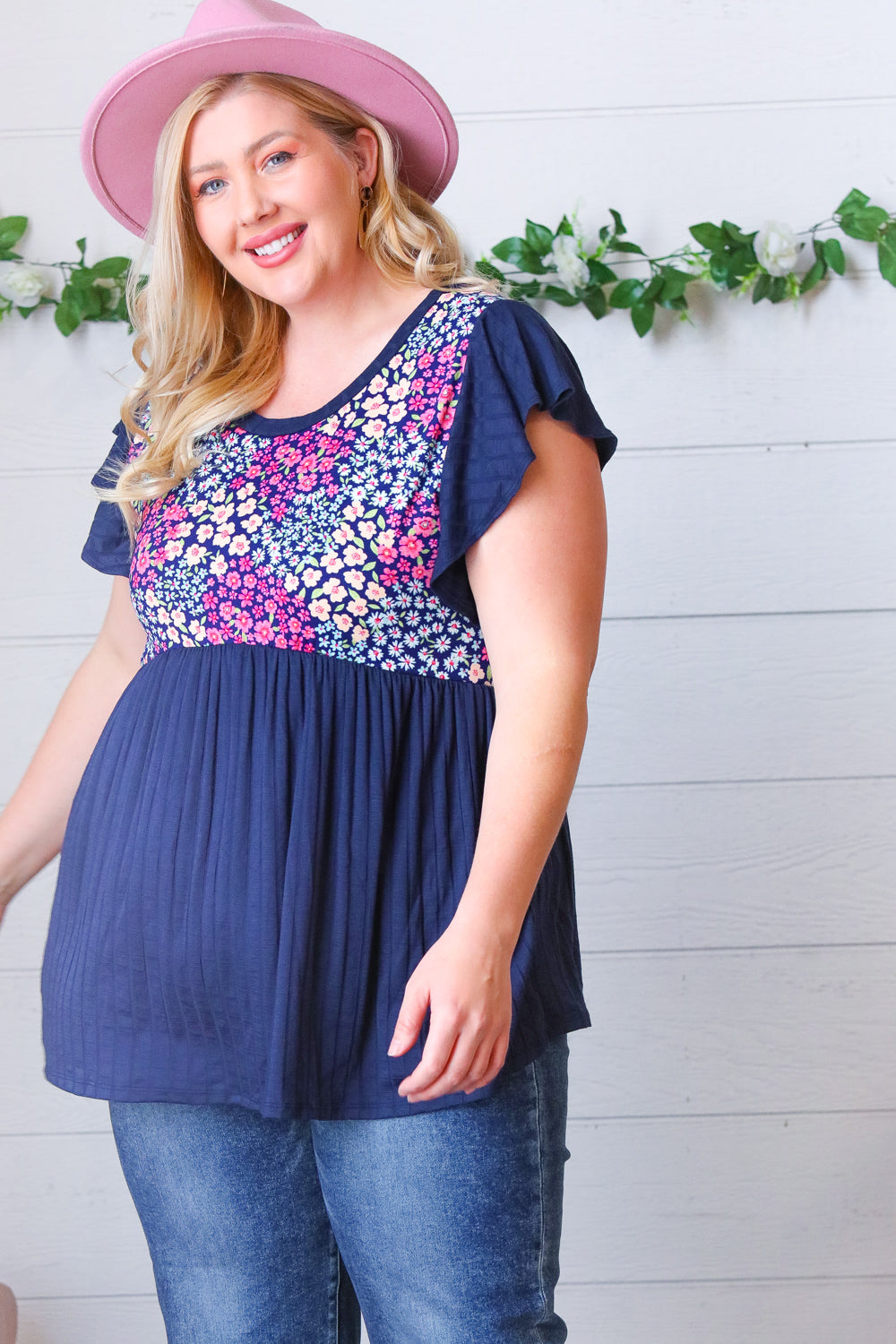 Navy Floral Yoke Babydoll Rib Flutter Sleeve Top