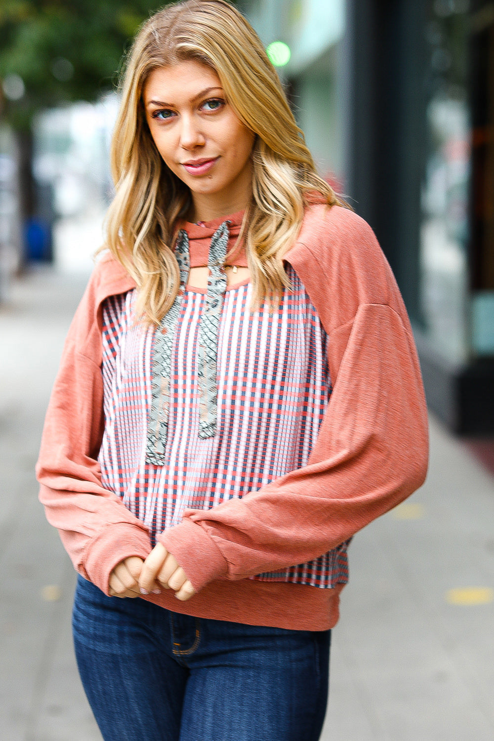 Rust Check Print Peekaboo Cut Out Hoodie