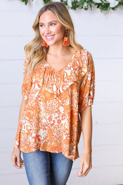 Sunset Orange Boho Ruffle Woven Top