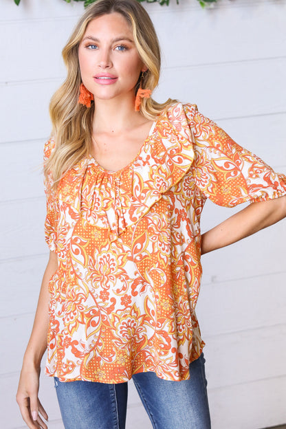 Sunset Orange Boho Ruffle Woven Top