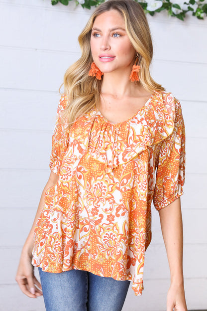 Sunset Orange Boho Ruffle Woven Top