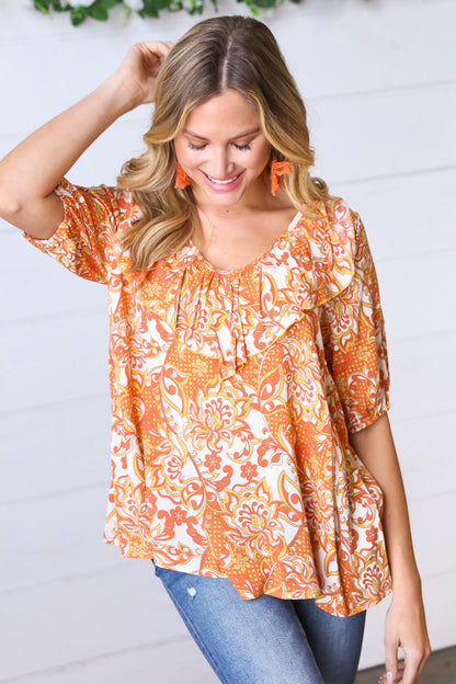 Sunset Orange Boho Ruffle Woven Top