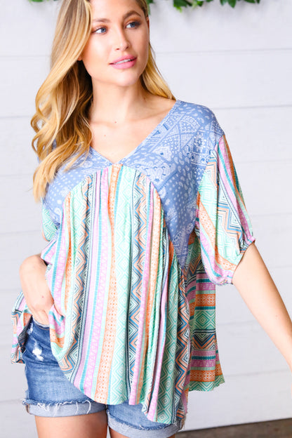 Multicolor Boho Vertical Print Crinkle V Neck Top