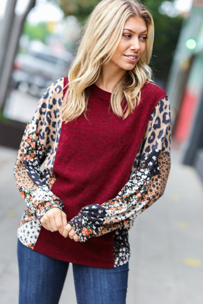 Feeling Bold Burgundy Two Tone Floral & Animal Print Top