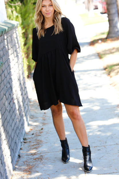 Black Three Quarter Puff Sleeve Babydoll Dress