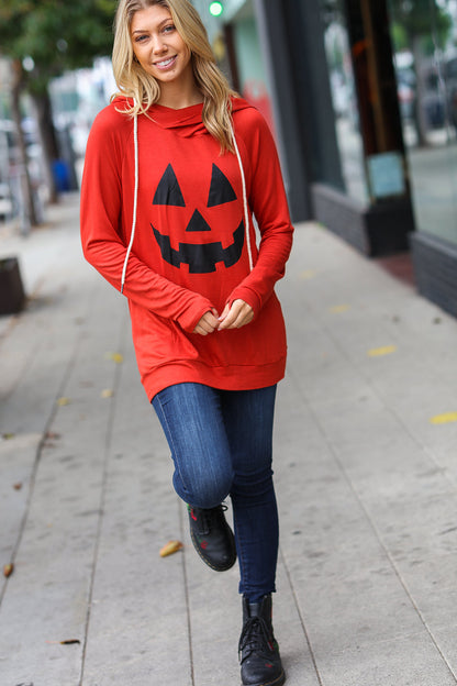 Orange Jack-O-Lantern French Terry Thumb Hole Double Hoodie