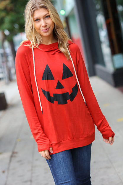 Orange Jack-O-Lantern French Terry Thumb Hole Double Hoodie