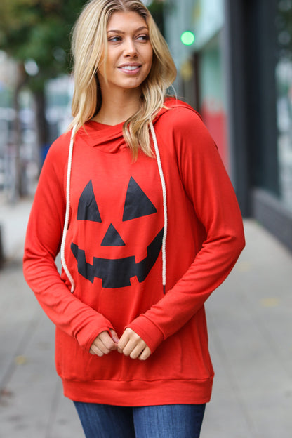 Orange Jack-O-Lantern French Terry Thumb Hole Double Hoodie