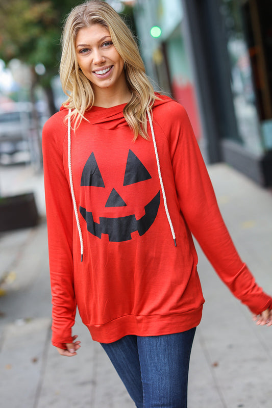 Orange Jack-O-Lantern French Terry Thumb Hole Double Hoodie