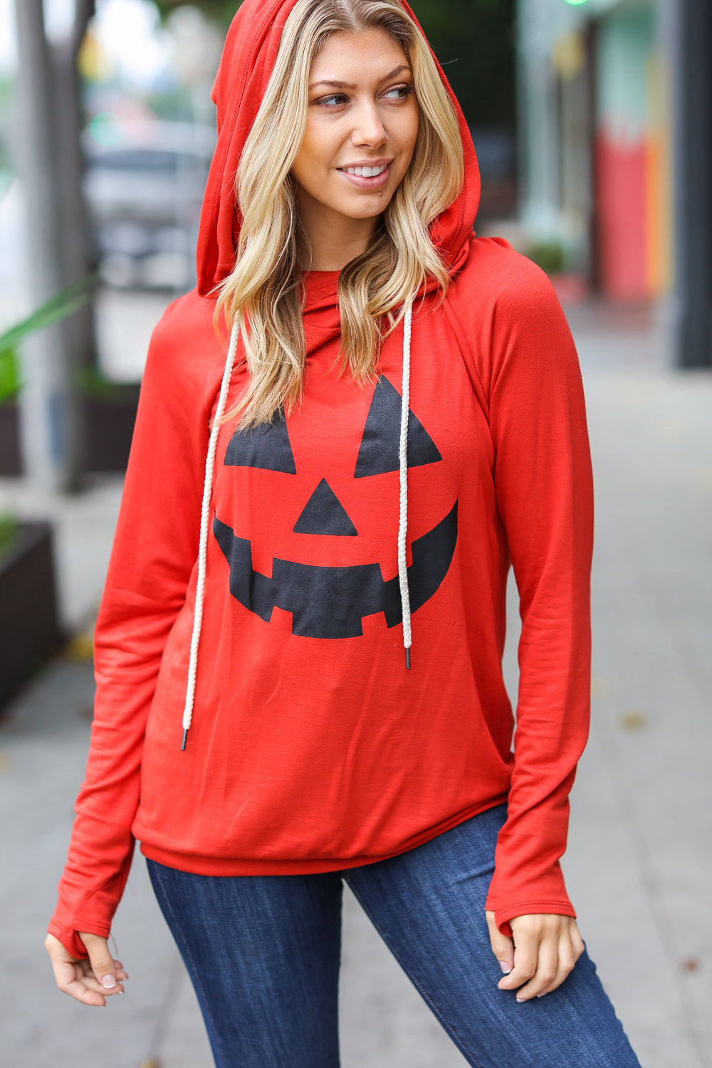 Orange Jack-O-Lantern French Terry Thumb Hole Double Hoodie