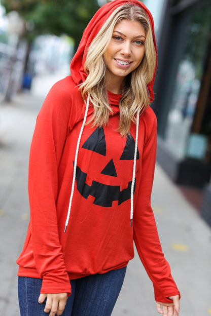 Orange Jack-O-Lantern French Terry Thumb Hole Double Hoodie