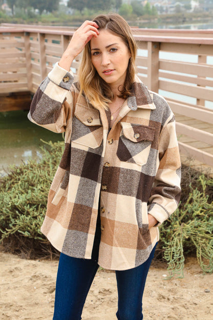 Brown & Black Plaid Jacket with Side Pockets