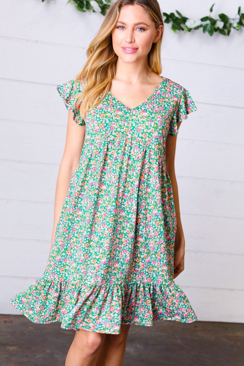 Emerald Green Floral Babydoll Midi Dress