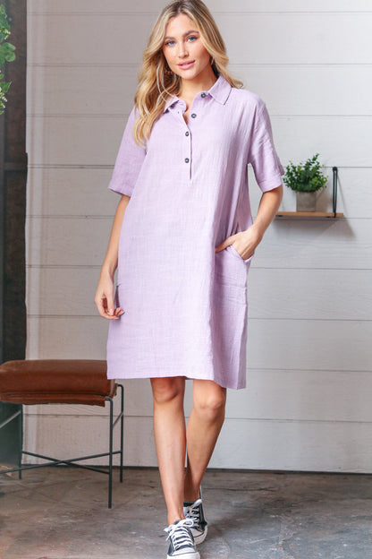 Dusty Lavender Cotton Placard Yoke Midi Dress