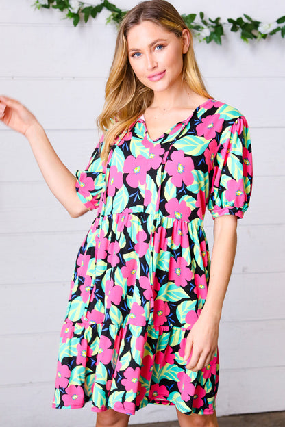 Multicolor Flat Floral Tiered Front Tie Pocketed Dress