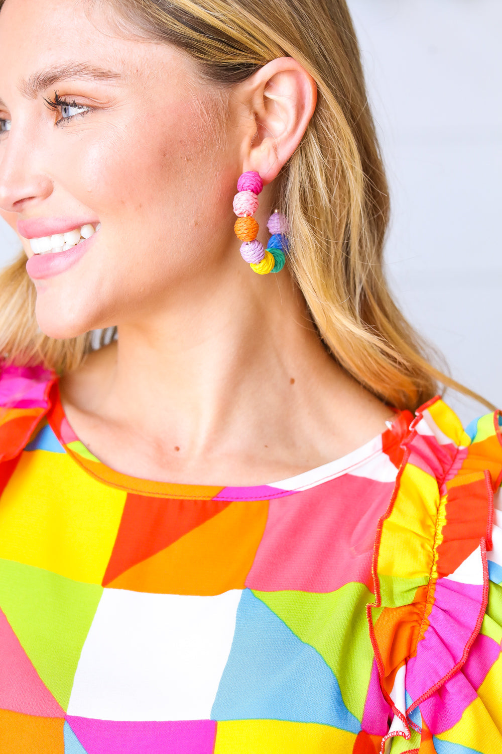 Multicolor Raffia & Gold Pom Hoop Earrings