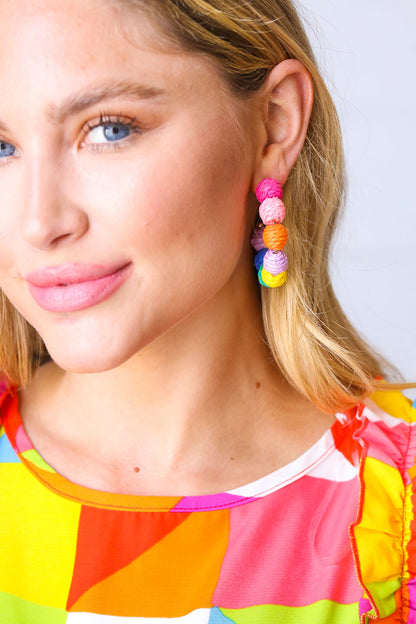 Multicolor Raffia & Gold Pom Hoop Earrings