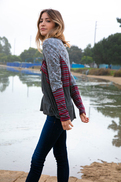 Button Down Stripe Leopard Print Color Block Top