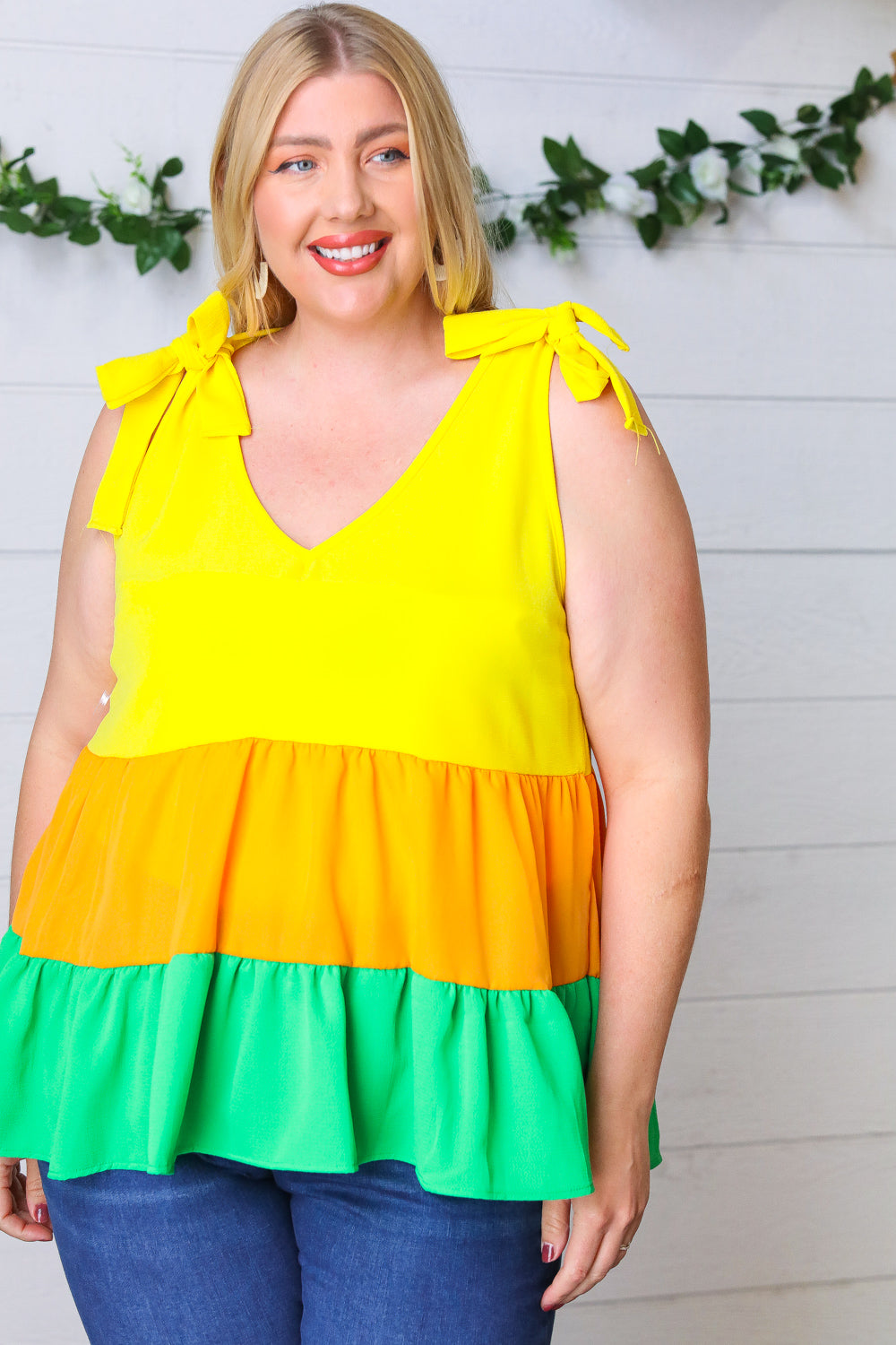 Yellow & Tangerine Tiered Shoulder Tie Bow Crepe Top