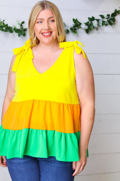 Yellow & Tangerine Tiered Shoulder Tie Bow Crepe Top