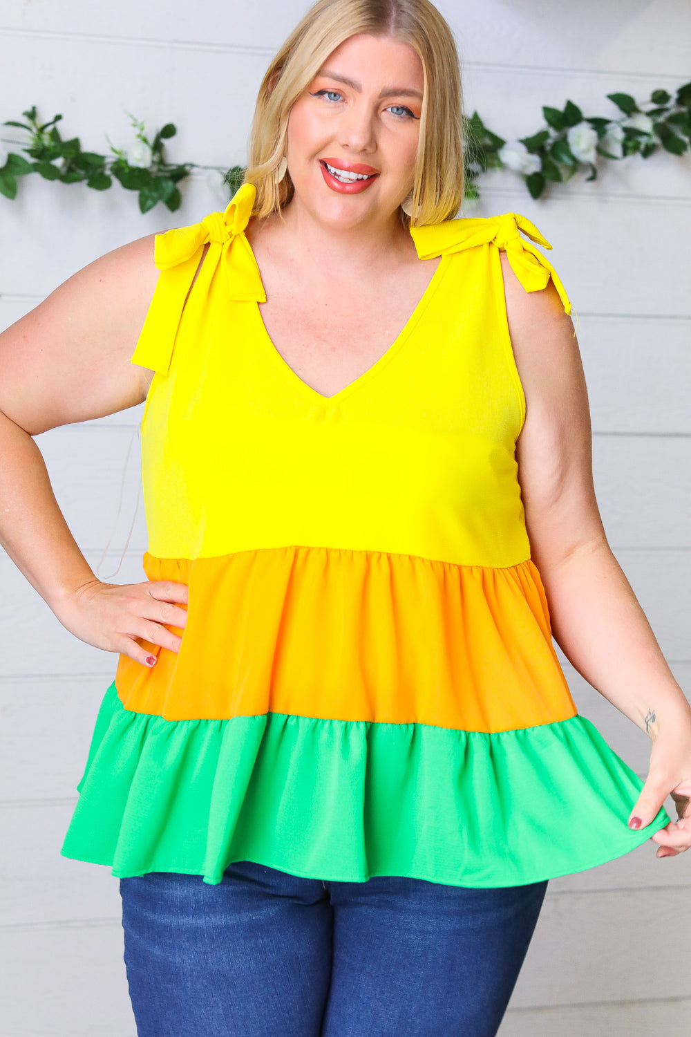 Yellow & Tangerine Tiered Shoulder Tie Bow Crepe Top