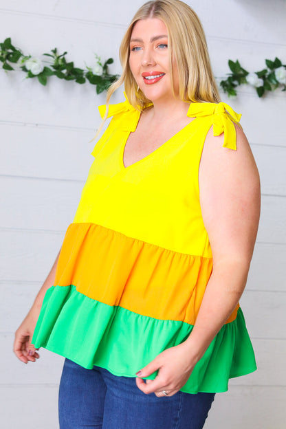 Yellow & Tangerine Tiered Shoulder Tie Bow Crepe Top