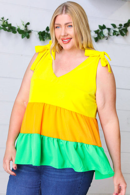 Yellow & Tangerine Tiered Shoulder Tie Bow Crepe Top