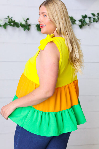 Yellow & Tangerine Tiered Shoulder Tie Bow Crepe Top