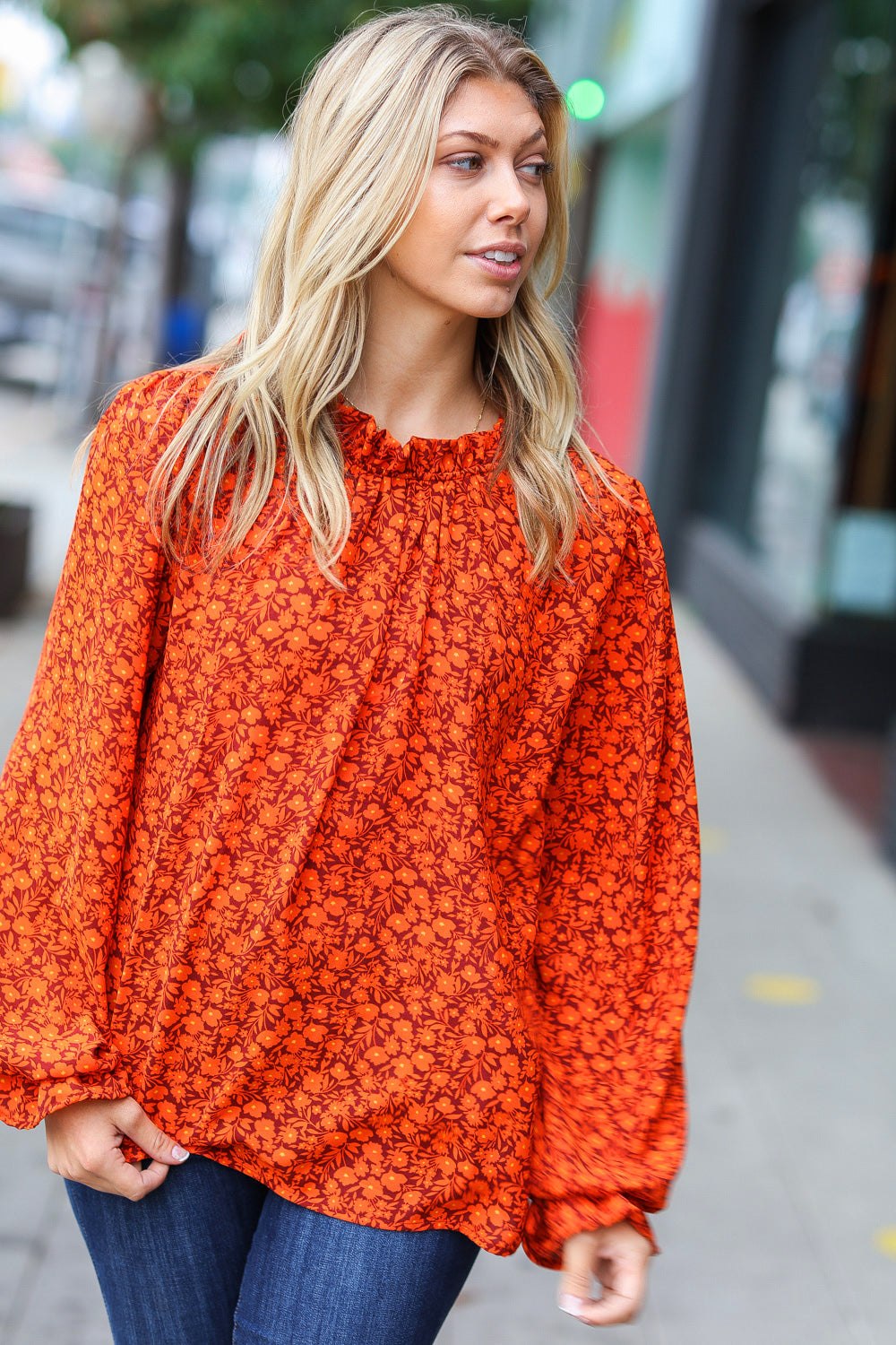 Thinking Of You Rust Ditzy Floral Frill Neck Top