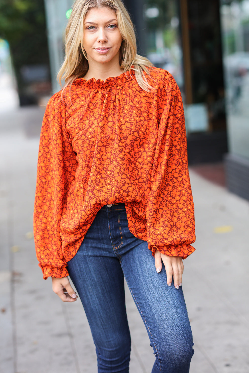 Thinking Of You Rust Ditzy Floral Frill Neck Top