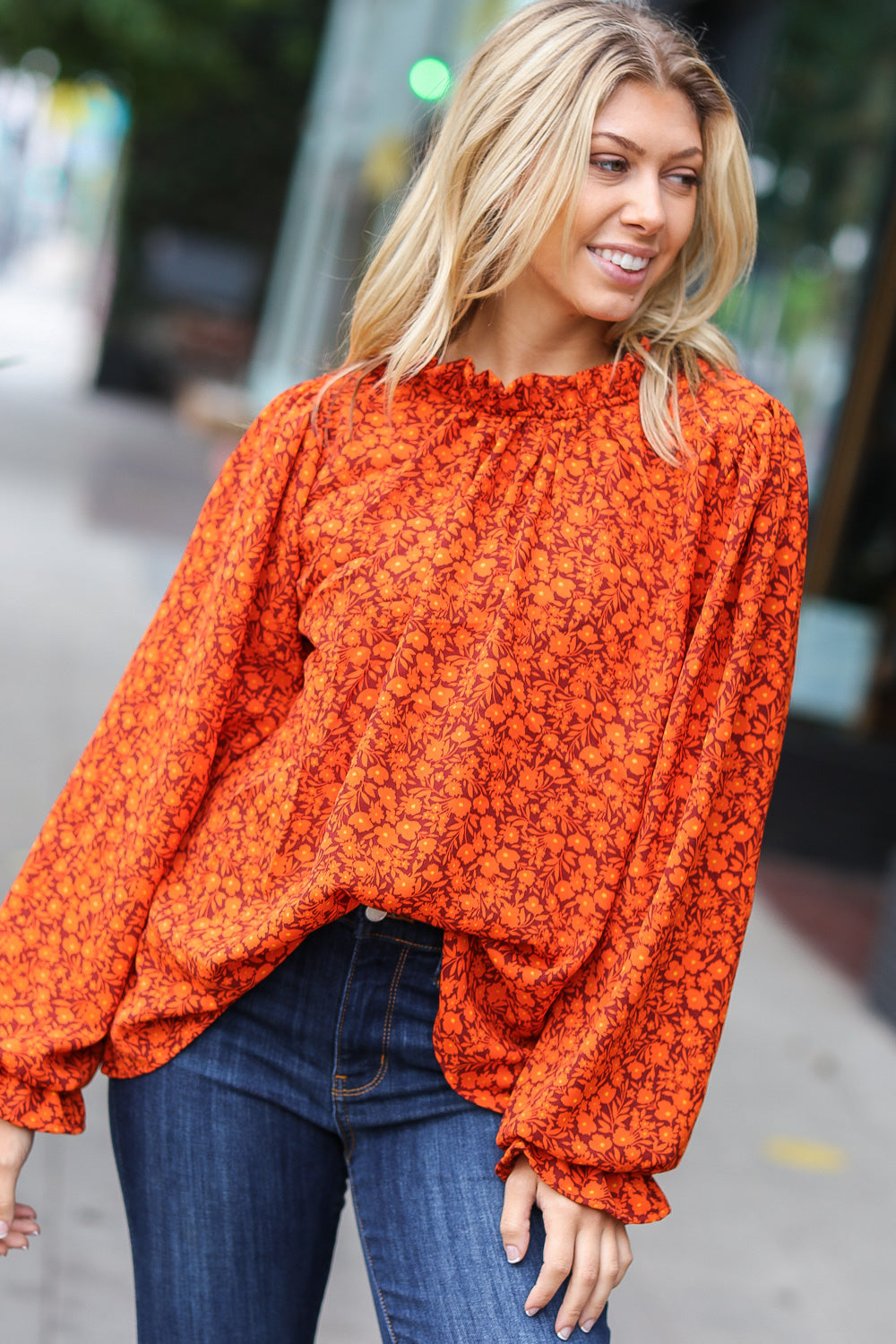 Thinking Of You Rust Ditzy Floral Frill Neck Top