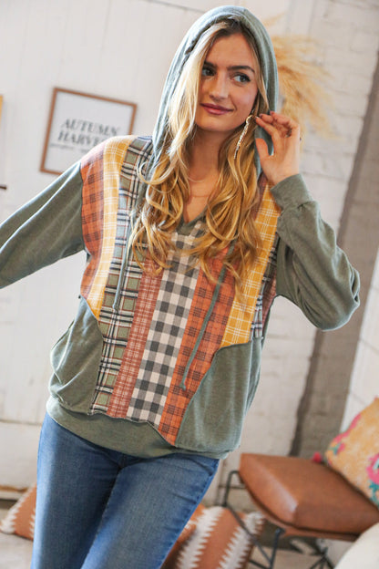 Moss Multi-Plaid French Terry Pocketed Hoodie